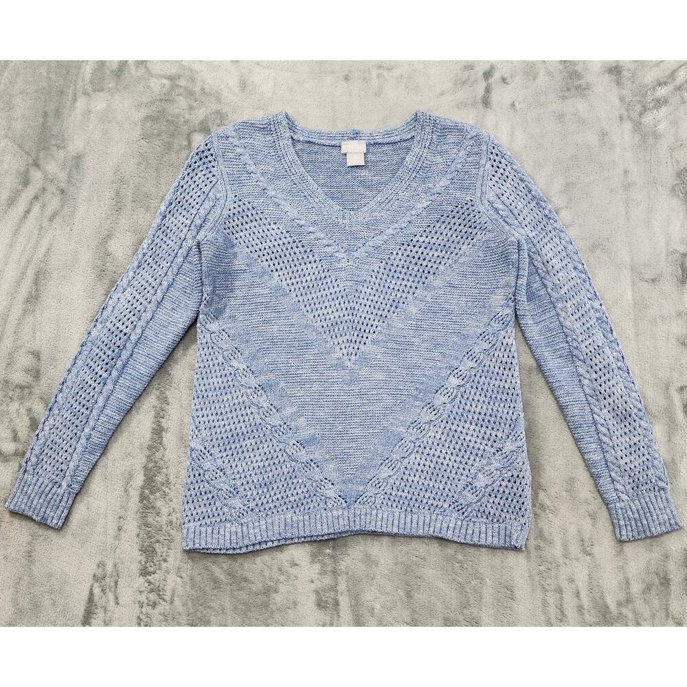 Chico's Textured Knit V-Neck Sweater Size 0 S Blue Chevron Pullover Long Sleeves